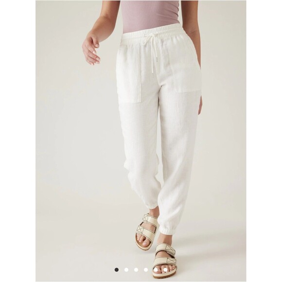 New Athleta Retreat 100% Linen Joggers Pants White Pull On Size 16 NWT Pockets - Picture 1 of 13